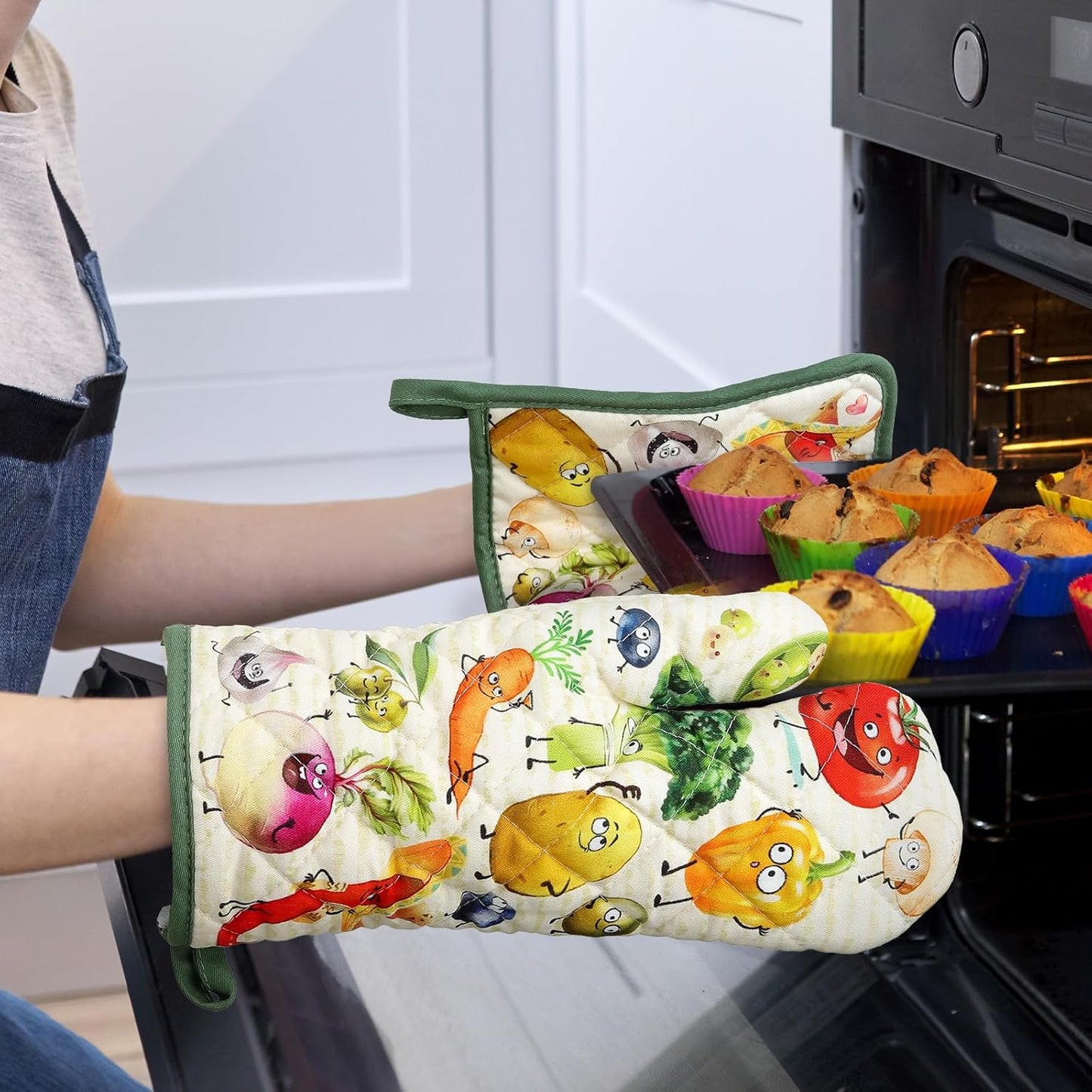 Vegetables Oven Mitts and Pot Holders Sets 4Pcs, 100% Cotton Heat Resistant, Extra Long Oven Gloves Potholder for Kitchen Cooking Baking Decoration