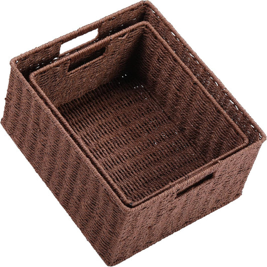 HOONEX Large Woven Storage Baskets, Paper Rope With Sturdy Metal Wire Frame, for Shelves, Set of 2, Dark Brown