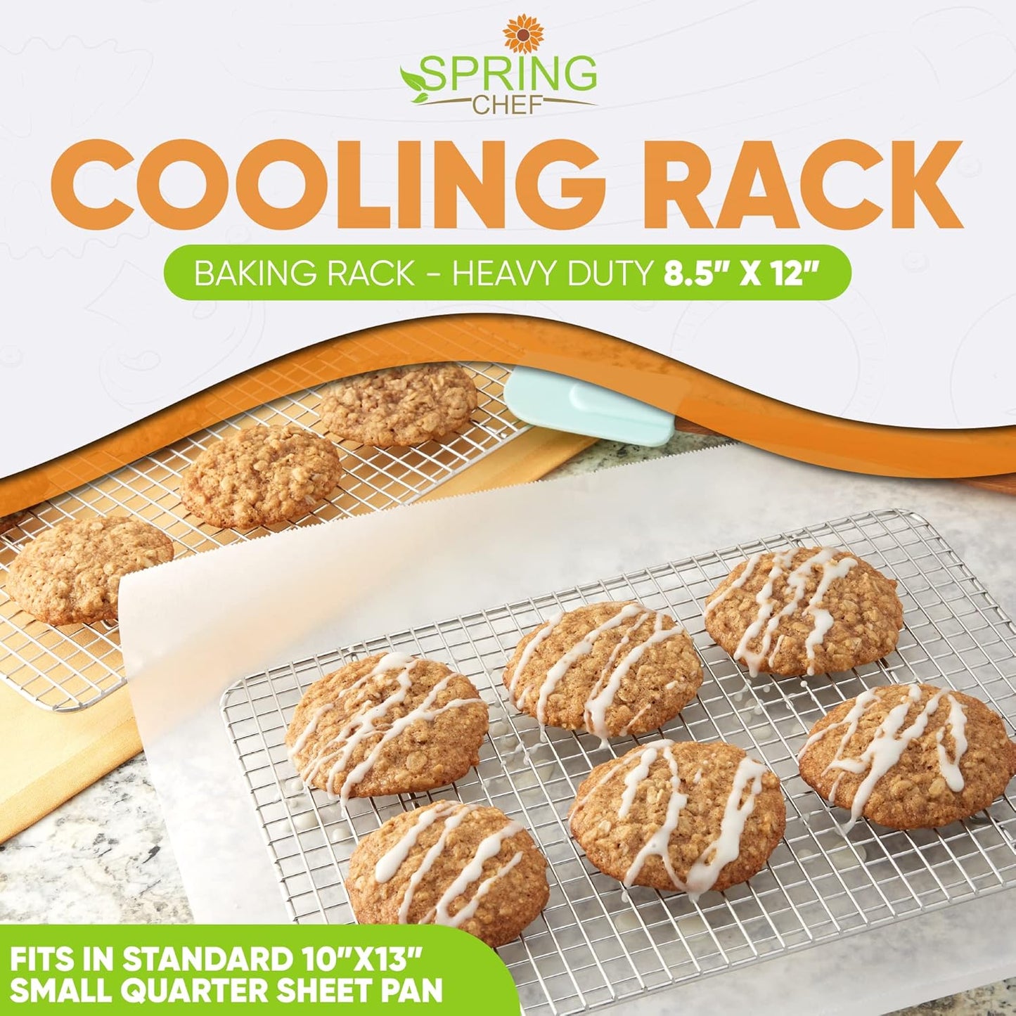 Spring Chef 8.5" x 12" Stainless Steel Cooling Racks, Wire Rack for Baking Sheet - Fits Small Quarter Sheet Pan - Perfect for Cooking, Baking, Grilling, Smoking - Dishwasher Safe - Set of 2