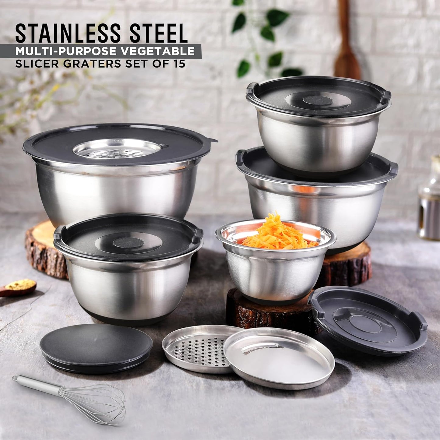 AVADOR Premium Stainless Steel Mixing Bowls Sets Brushed Stainless Steel Mixing Bowl Set, Easy To Clean, Space Saving, Great for Cooking, Baking, Prepping Needs (9 pc Anti Slip with Lid and Graters)