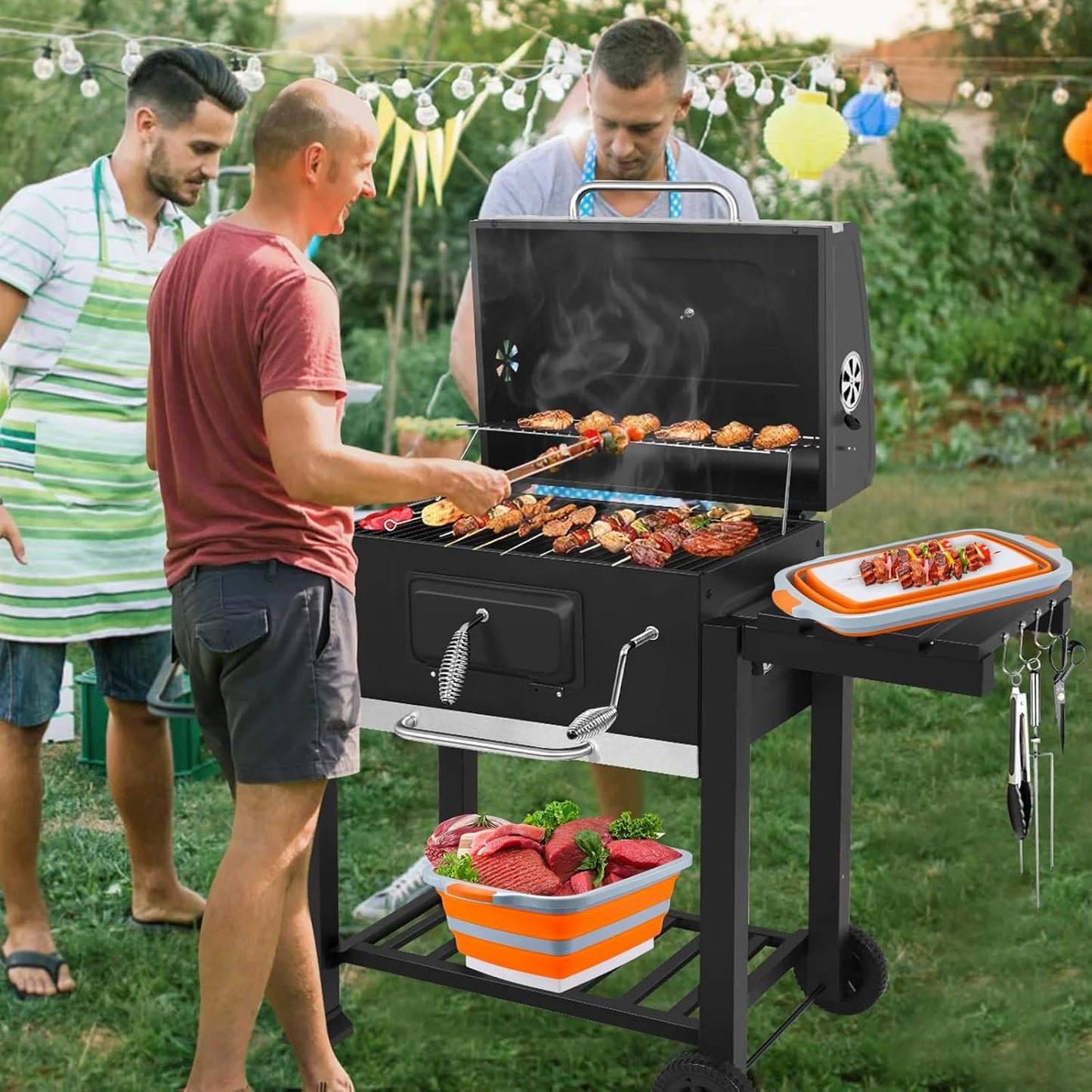 Collapsible BBQ Prep Tub with Cutting Board & Lid – 7.95 Gal / 30L Space-Saving Food Container – BPA-Free Heavy-Duty Plastic, Dishwasher Safe with Drain Hole – Offset Smoker, Backyard & Grilling