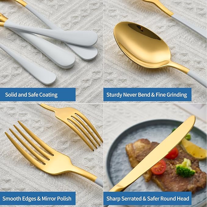 20-Piece White & Gold Silverware Set, 18/0 Stainless Steel Colorful Handle Flatware Set,Service for 4,Modern Cutlery Set Includes Dinner Knives Forks Spoons,Mirror Polished,Dishwasher Safe