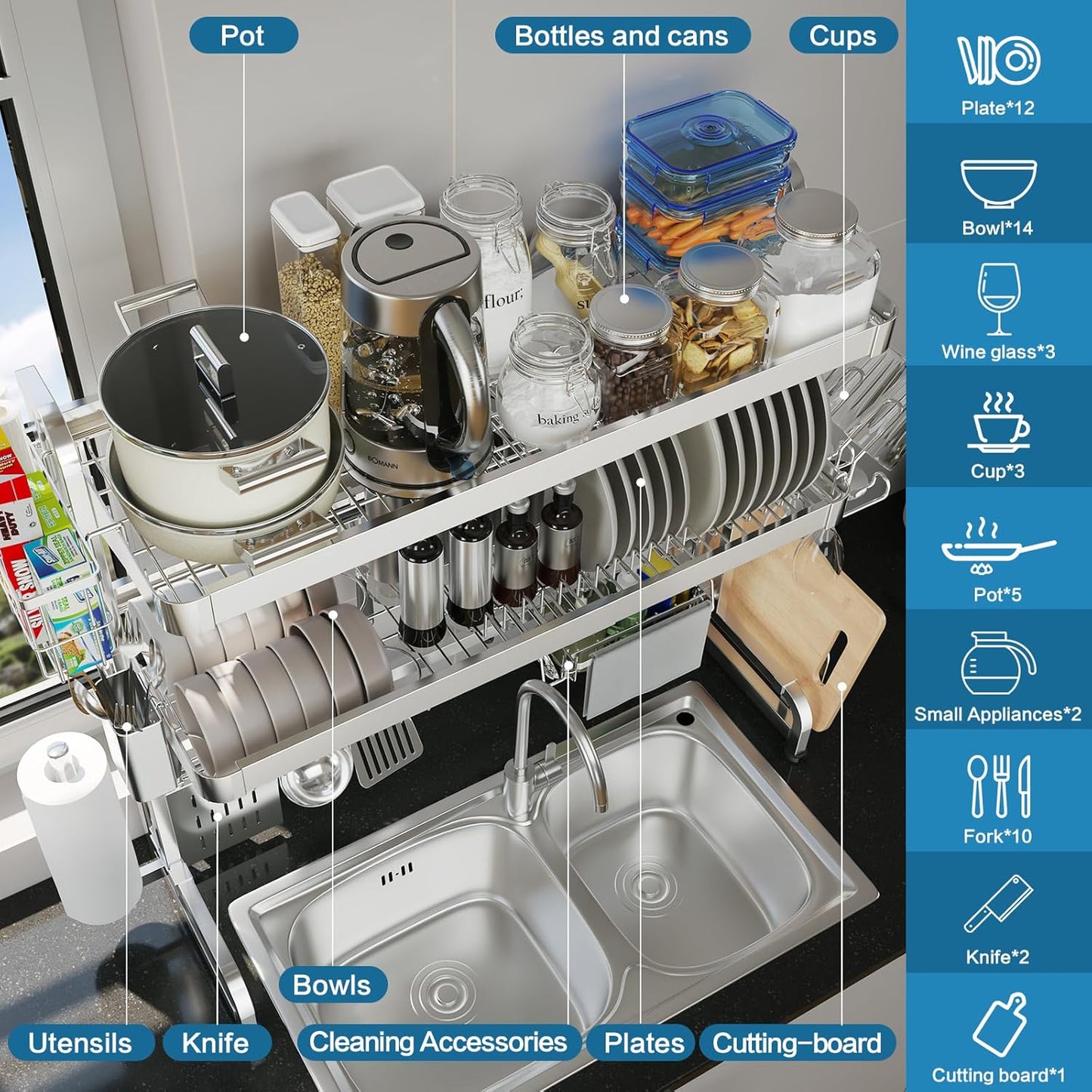 Over The Sink Dish Drying Rack,3 Tier Adjustable Length Full Stainless Steel Large Storage Kitchen Dish Rack,for Kitchen Counter Expandable Multifunctional Organizers,Silver (25.5'' to 37.6'')