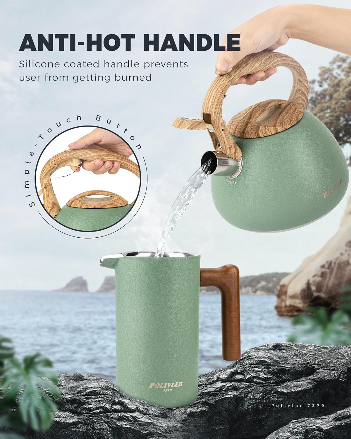 POLIVIAR Tea Kettle, 2.7 Quart Stovetop Tea Kettle, Audible Whistling Teapot with Crackle Finish, Food Grade Stainless Steel for Anti-Rust, Anti Hot Handle, Suitable for All Heat Sources (JX2023-LRG)