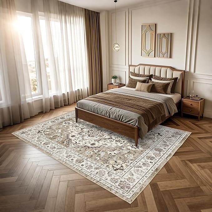 Area Rug for Living Room - Vintage Indoor Machine Washable Rug for Bedroom Dinning Room Floor - Soft Low-Pile Carpet Non-Slip Backing Floral Rugs for Office (Ivory/Beige, 6' × 9')