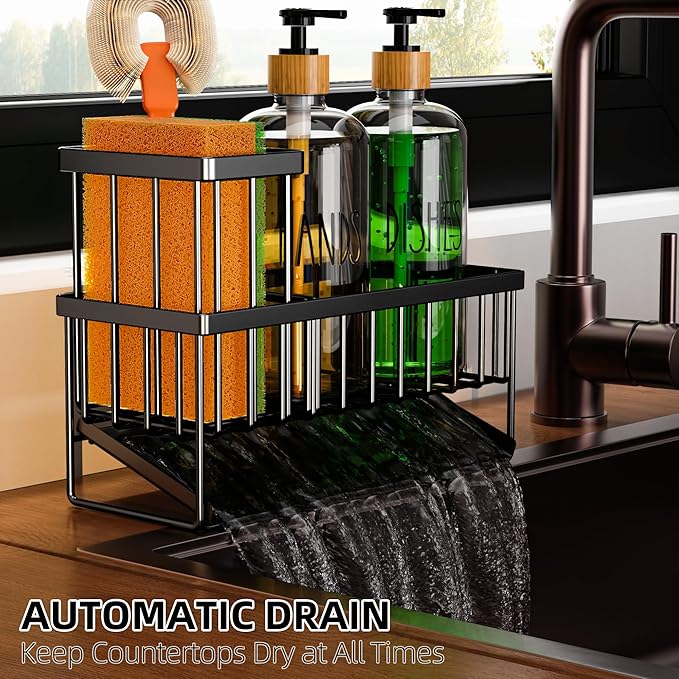 Cisily Kitchen Dish Soap Dispenser Set with Black Sponge Holder and 2 Pack 16.9oz Clear Glass, Dish Soap Dispensers for Hitchen Sink, Vintage Hand and Dish Soap Dispensers Set