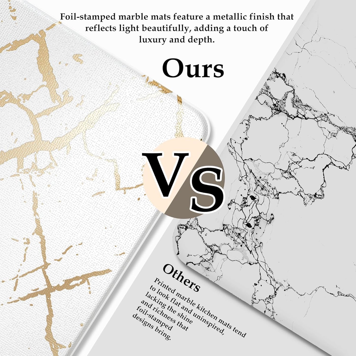 Gold Foil Stamped Marble Kitchen Mats for Floor 2PCS Cushioned Anti Fatigue Non Slip Waterproof Comfort Leather Kitchen Rugs 2/5 Inch PVC Kitchen Mats for Sink, Laundry, 17.3"x28"+17.3"x47",White