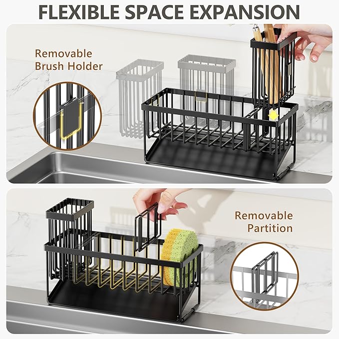 Cisily Kitchen Dish Soap Dispenser Set with 2 Pack 16.9oz Amber Glass Bottle and Sponge Holder, Dish Soap Dispensers with Adjustable Sponge Holder, Vintage Hand and Dish Soap Dispensers Set