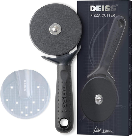 Deiss Lux Heavy Duty Pizza Cutter With Wheel Slicer- Stainless Steel Sharp Smooth Pizza Cutter Wheel With Easy Grip Non-Slip Handle, Dishwasher Safe (BLACK)