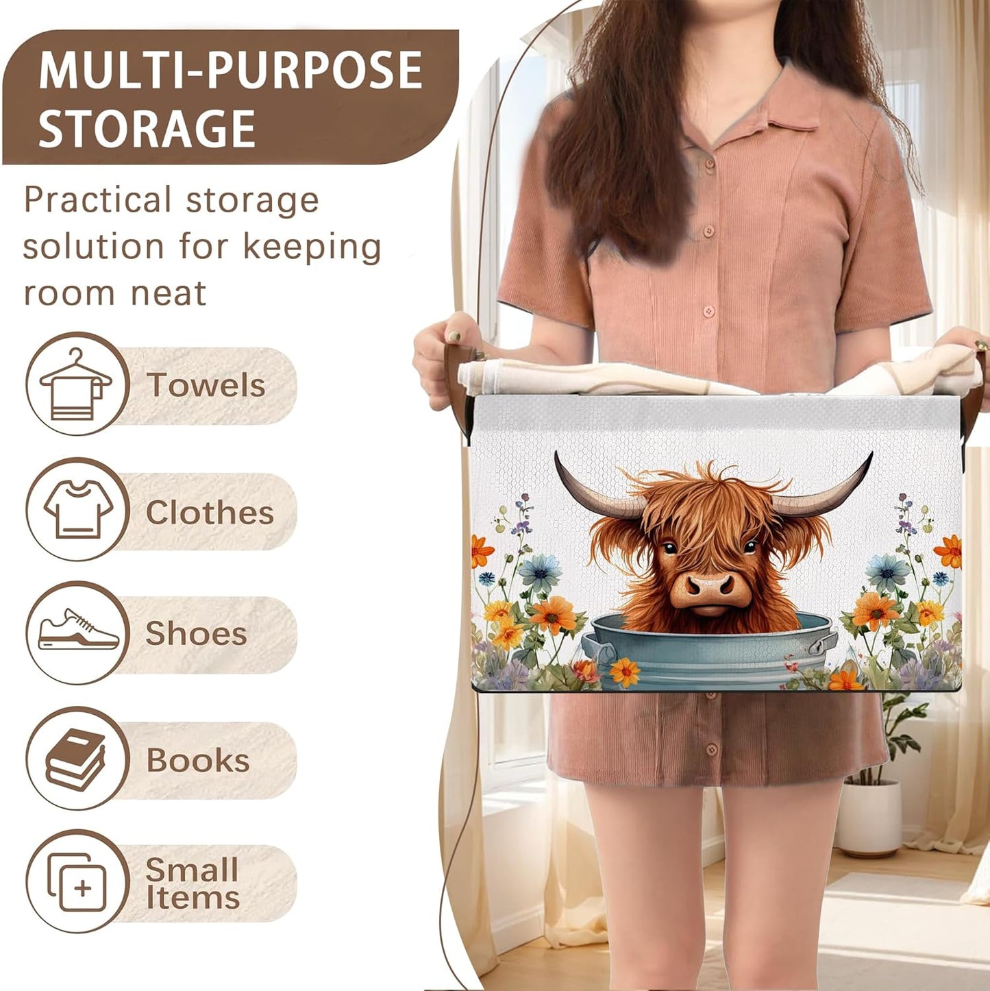 Farm Animal Storage Basket Large 17x11.5x10.5 Inche-Collapsible Fabric Organizer Bin with Handles for Nursery, Kids Room, Barnyard Theme-Decorative Hamper with Playful Cow Print Design-Single Pack