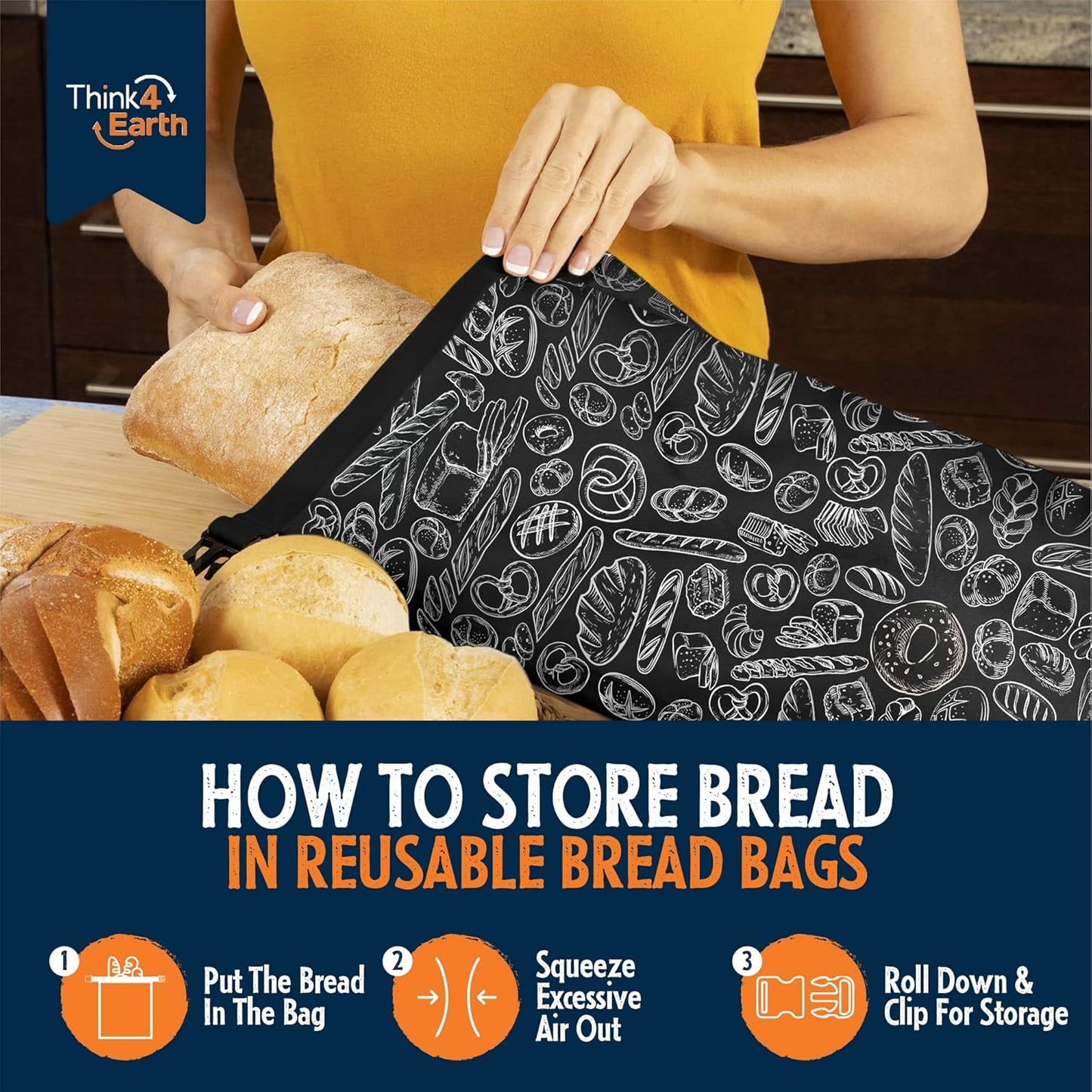 THINK4EARTH® Premium Black Reusable Bread Bags for Homemade Bread – Durable & Washable (2 Pack)