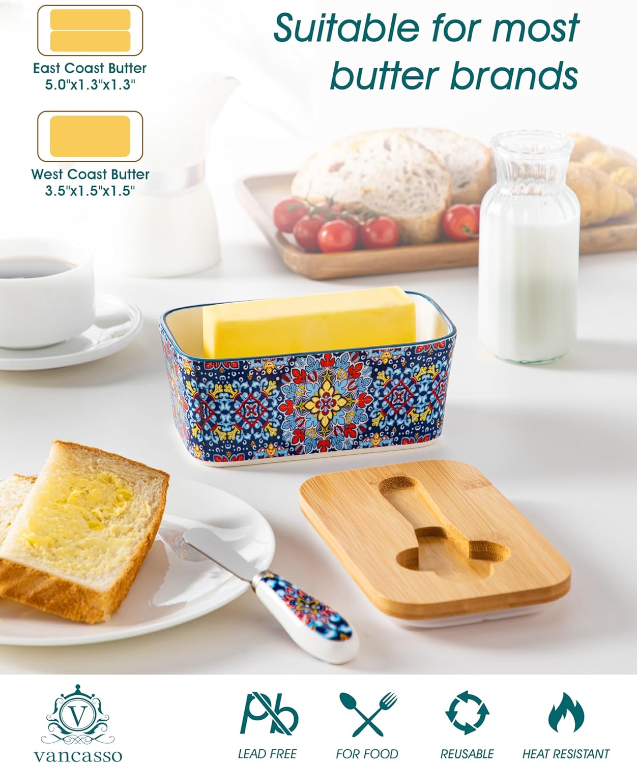 vancasso SIMI Butter Dish with Lid, 6.5" Large Butter Dish for Countertop, Bohemian Ceramic Butter Keeper Container with Knife and Bamboo Lid, Butter Holder for Counter, Twilight Bloom