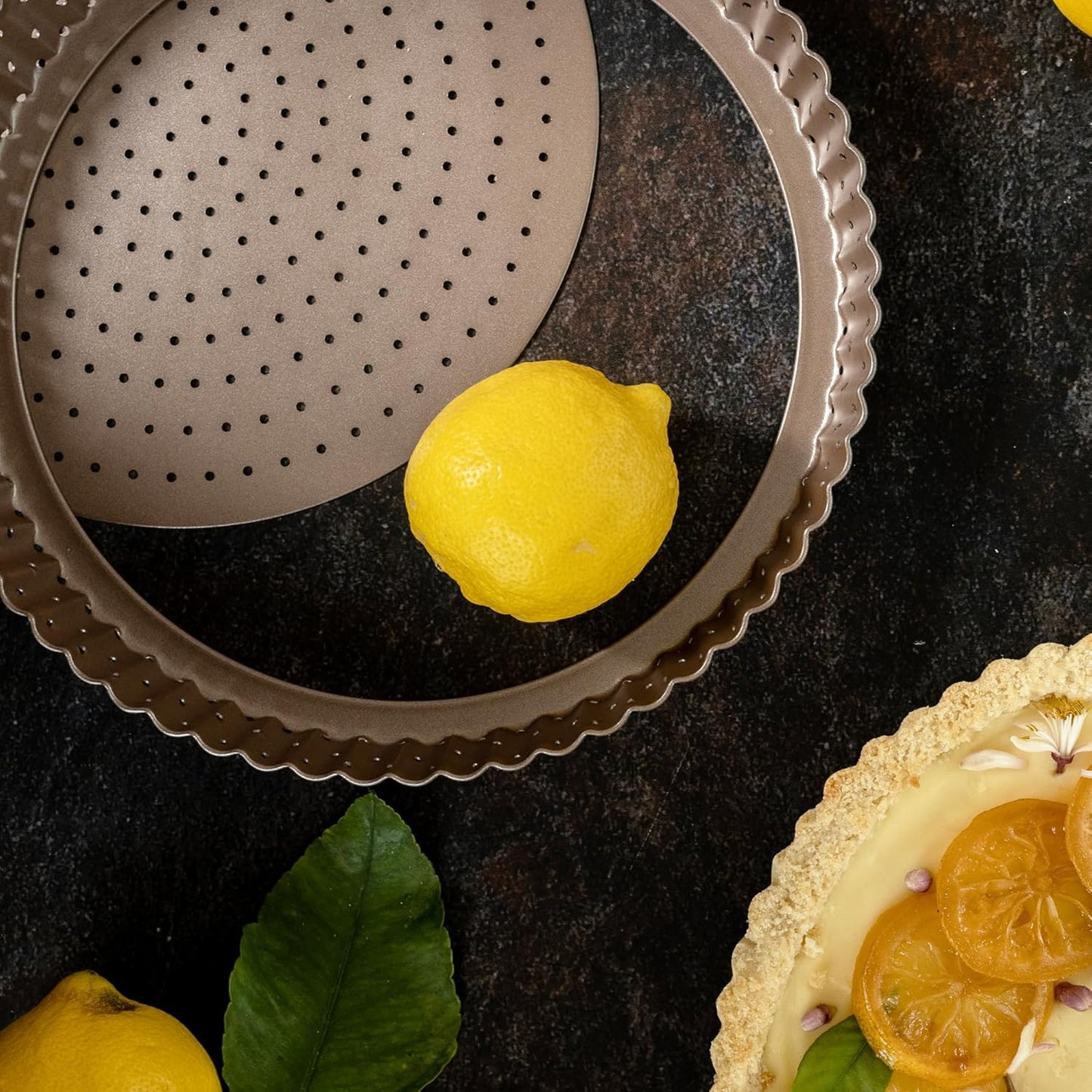 Nonstick 9 Inch Tart Pan with Removable Bottom | PFOA & BPA Free Non Toxic Fluted Pie & Quiche Tin | Best Perforated Non Stick Nontoxic 9in Molds with Holes for Baking