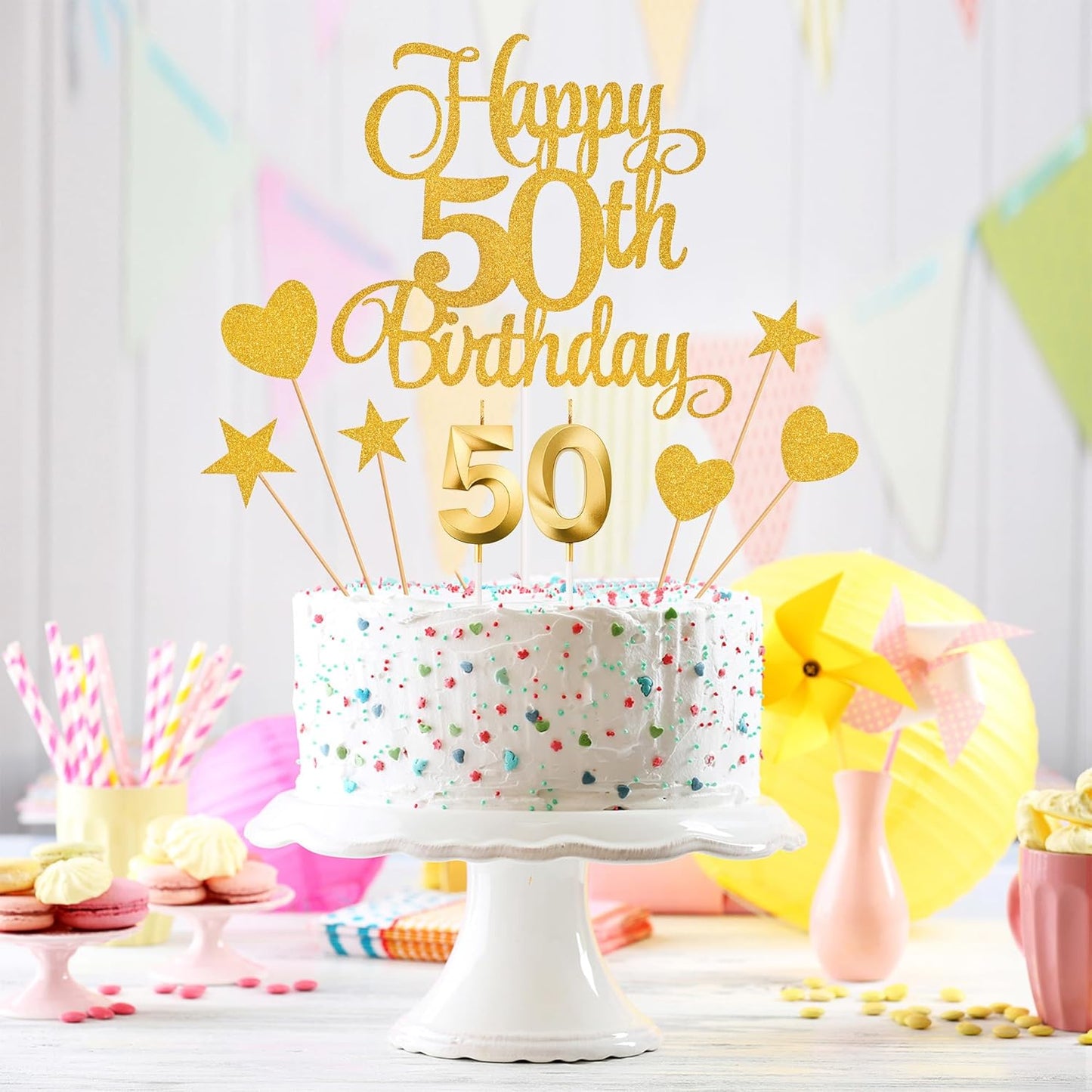 50th Birthday Cake Decorations, 50th Birthday Candles Cake Numeral Candles and Glitter Happy 50th Birthday Cake Toppers Set for Birthday Party Supplies (Gold)