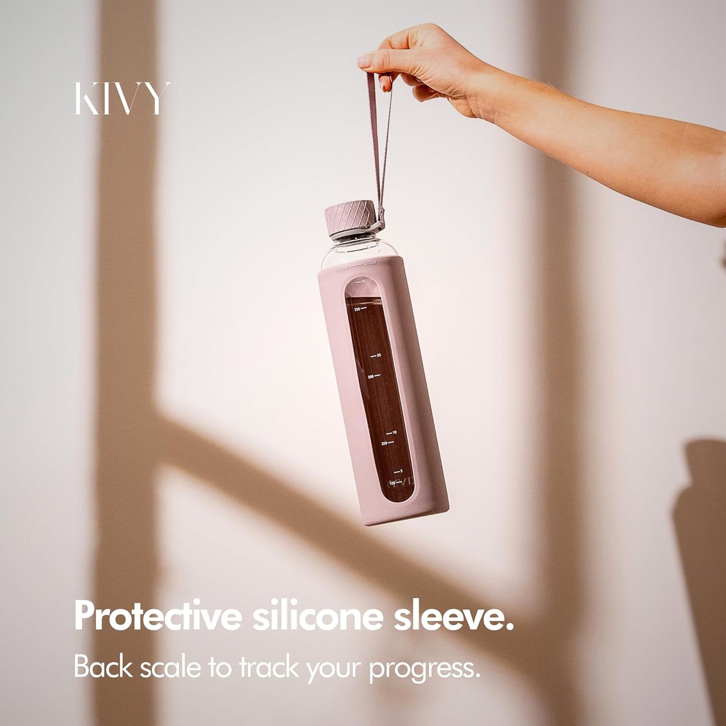 KIVY Glass Water Bottle with Silicone Sleeve 32 oz [WITH MEASUREMENT] - Borosilicate Glass Water Bottle Screw Top - Clear Bottles with Measurement Marking - Slim Waterbottle Aesthetic - Taupe