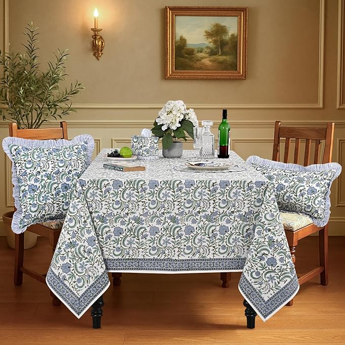 Ridhi Columbia Blue Hand Block Print Cotton Rectangle Tablecloth 140 x 72 inches Reusable Table Cover Decorative Everyday Use for Dining Room, Farmhouse, Home, Party, Festive & Wedding, Fall