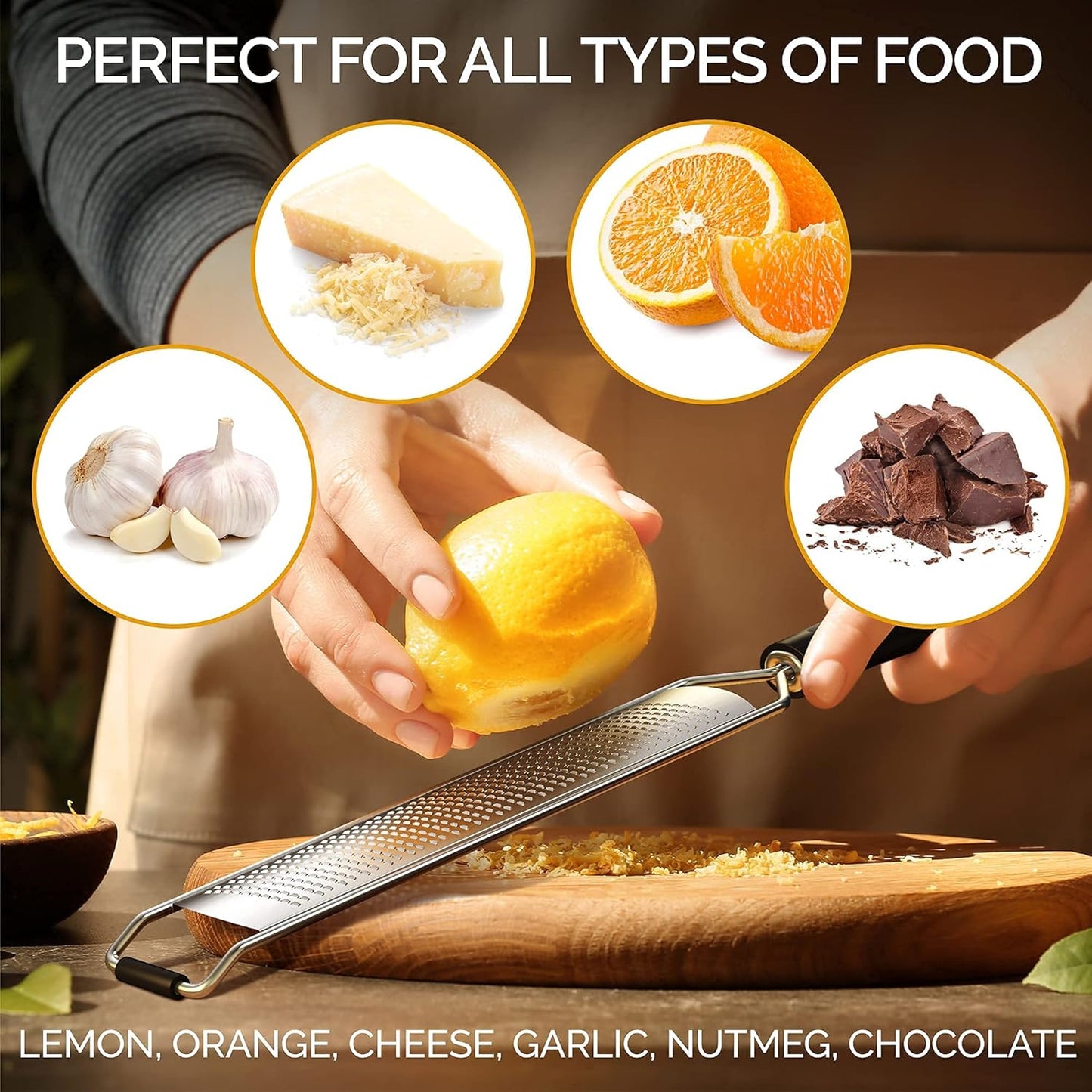 DESIGNED BY CHEFS ~ Premium Lemon Zester Grater With Perfectly Angled Teeth ~ Ideal for Citrus, Parmesan Cheese, Garlic, Vegetables and Fruits