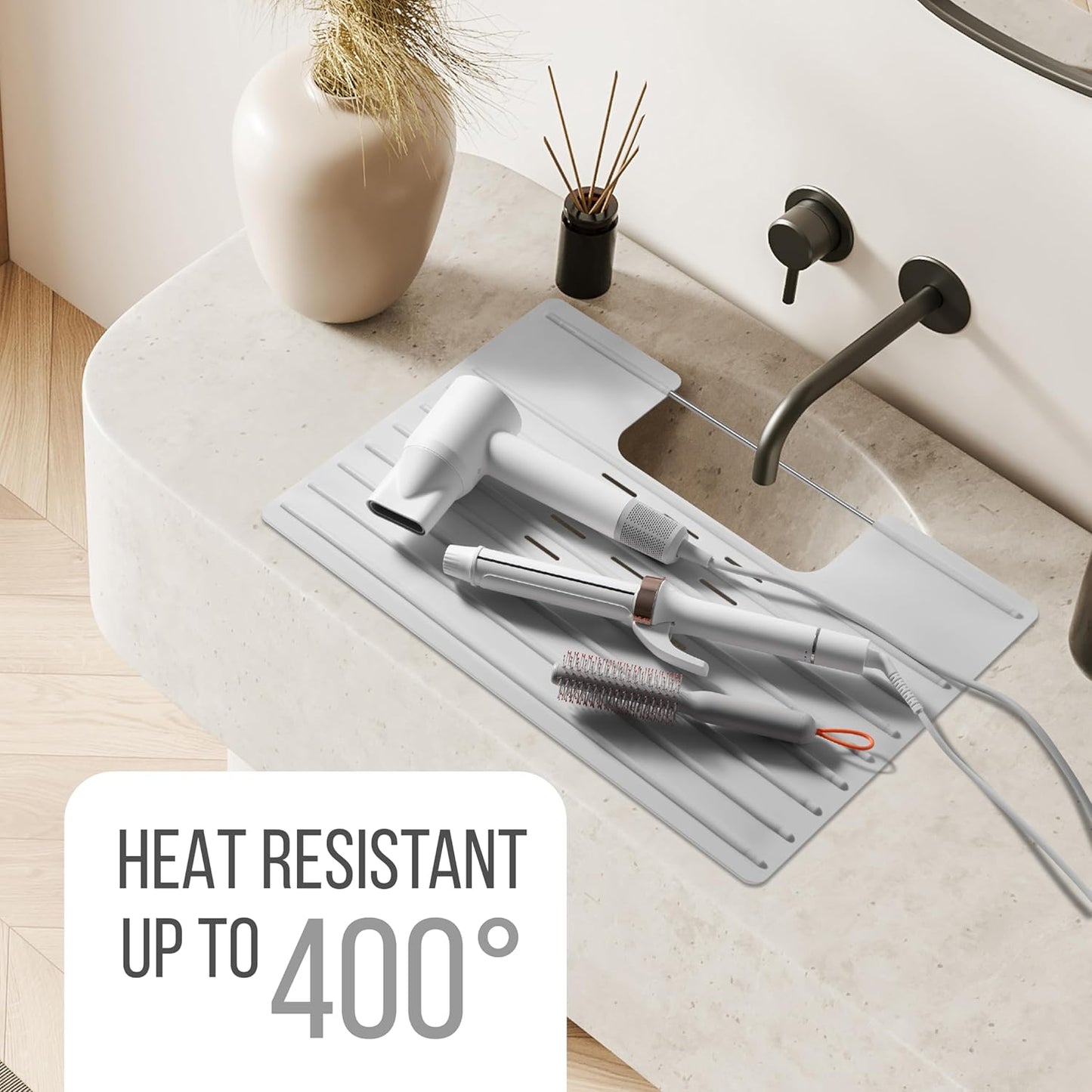 Maplefield Bathroom Sink Cover for Counter Space - Gray, 22 x 2 x 2 Inches - Heat Resistant Silicone Mat - Foldable Vanity Makeup Tray - Space-Saving Sink Cover