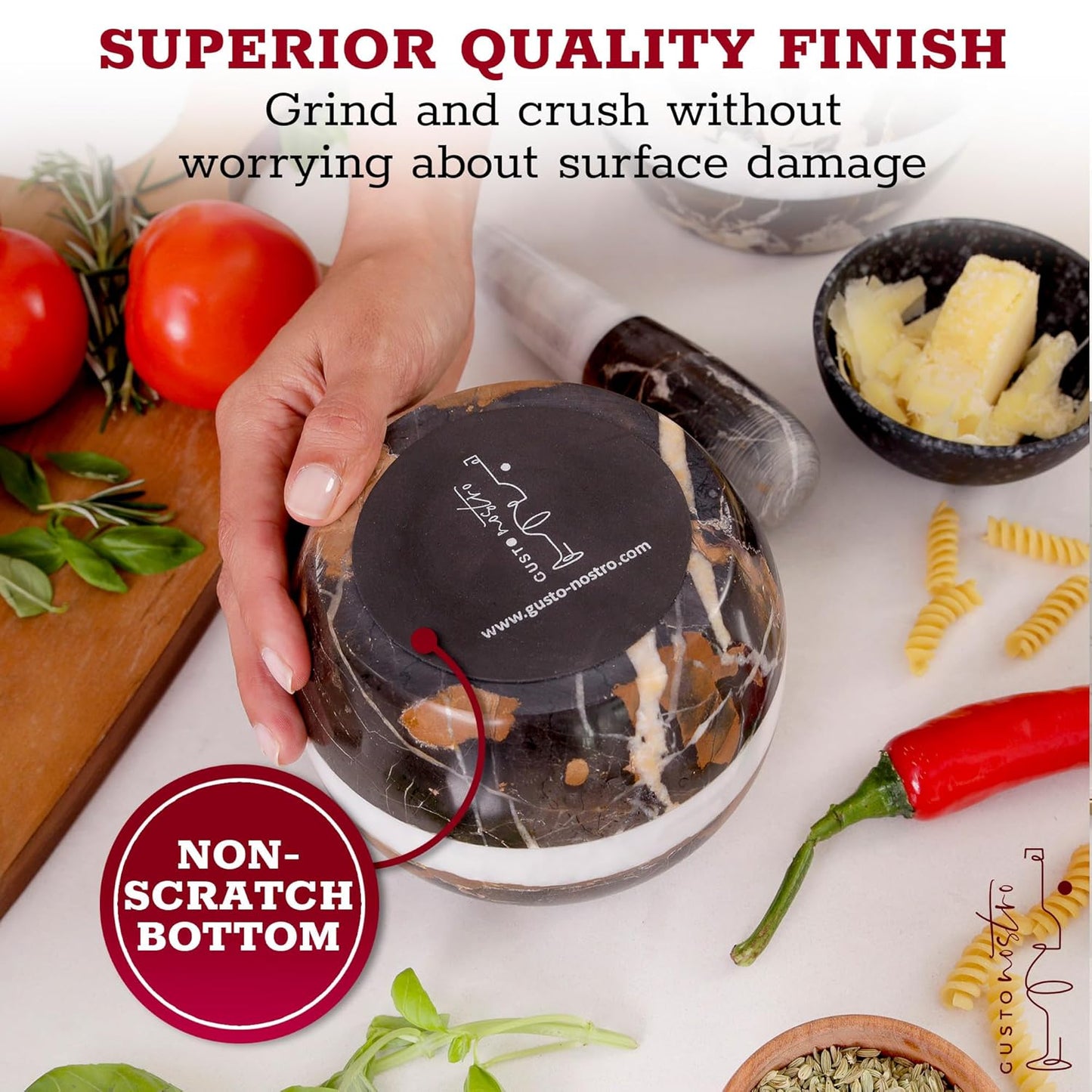 Gusto Nostro Natural Marble Mortar and Pestle Set | 6 Inch - 3.5 Cup Extra Large Mortar Pestle Set for Grinding Herbs, Nuts, Grains | Pesto Grinding and Guacamole Stone Bowl | Marble Spice Crusher