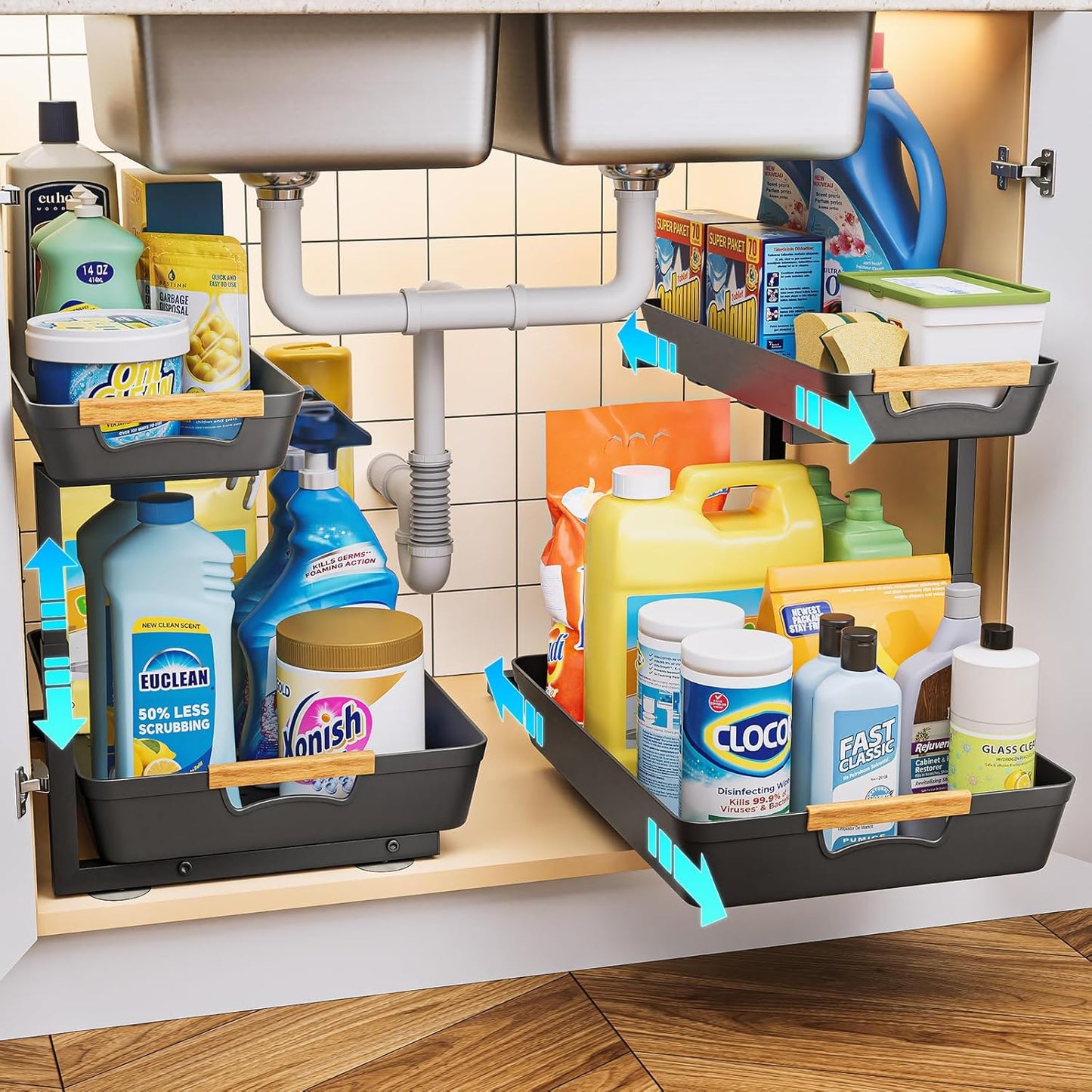 Under Sink Organizer, 2 Tier Adjustable Height Under Sink Organizers and Storage, L-Shaped Slide Out Pull Out Cabinet Organizers for Bathroom Kitchen Pantry (2 Pack, Black)