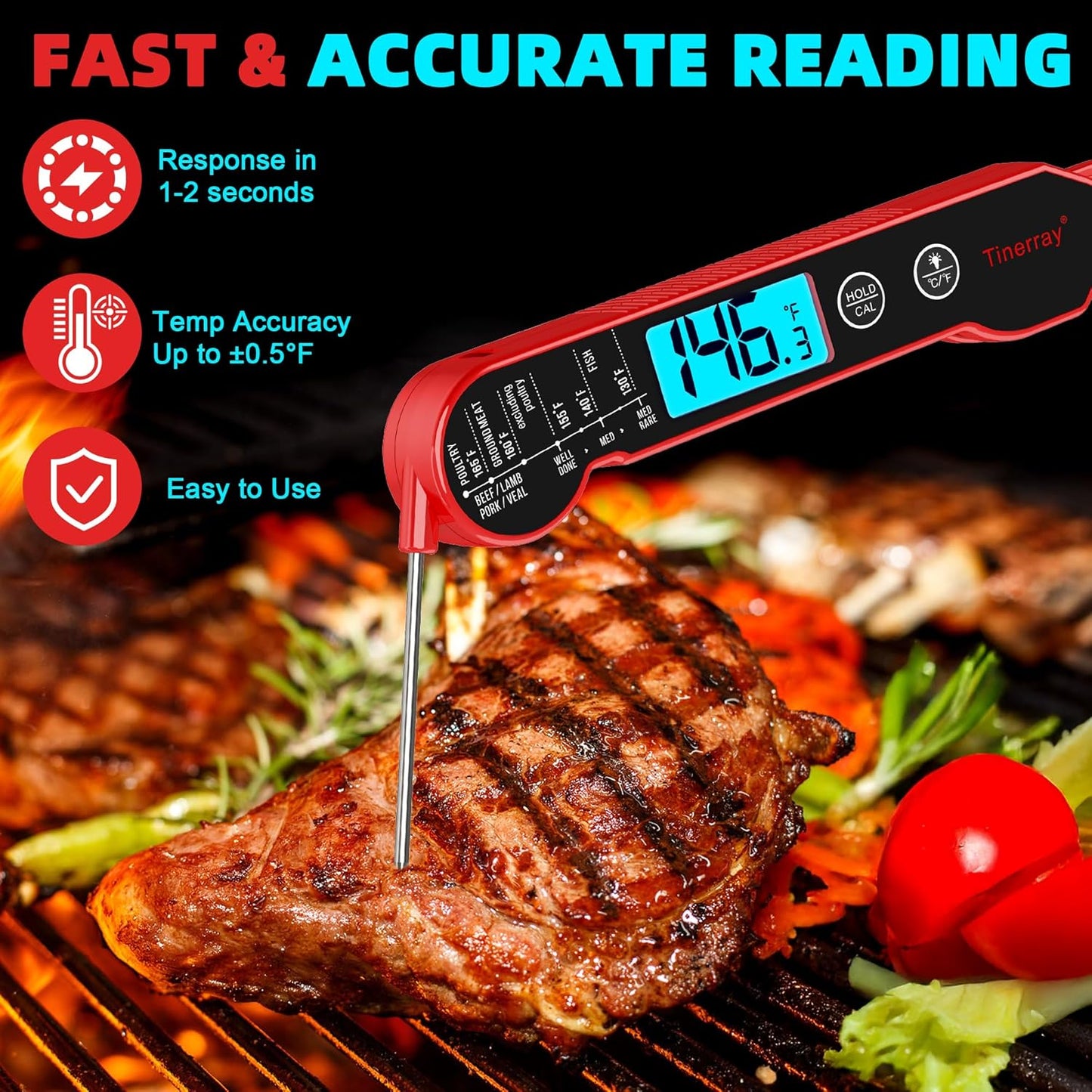 Digital Meat Thermometer for Cooking – Waterproof Instant Read Food Thermometer with Backlight & Calibration, Fast Read, Folding Probe for BBQ, Grill, Candy, Deep Fry, Kitchen, Liquids, Beef（Red）