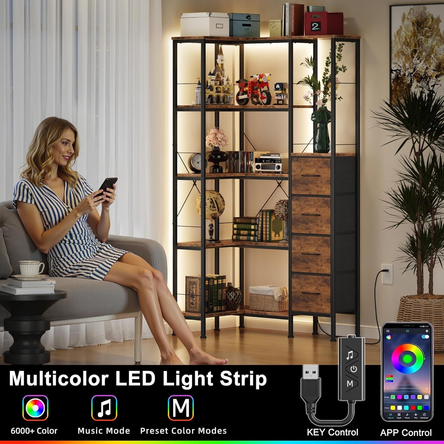 Corner Bookshelf with LED Light Strips & 4 Fabric Drawers, 5-Tier Convertible Corner Shelf with Display Shelf, Large Wood Industrial Bookcase for Living Room, Bedroom, Home Office, Rustic Brown