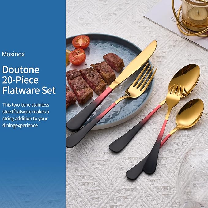 20-Piece Black Red Gold Silverware Set, 18/0 Stainless Steel Colorful Handle Flatware Set,Service for 4,Modern Cutlery Set Includes Dinner Knives Forks Spoons,Mirror Polished,Dishwasher Safe