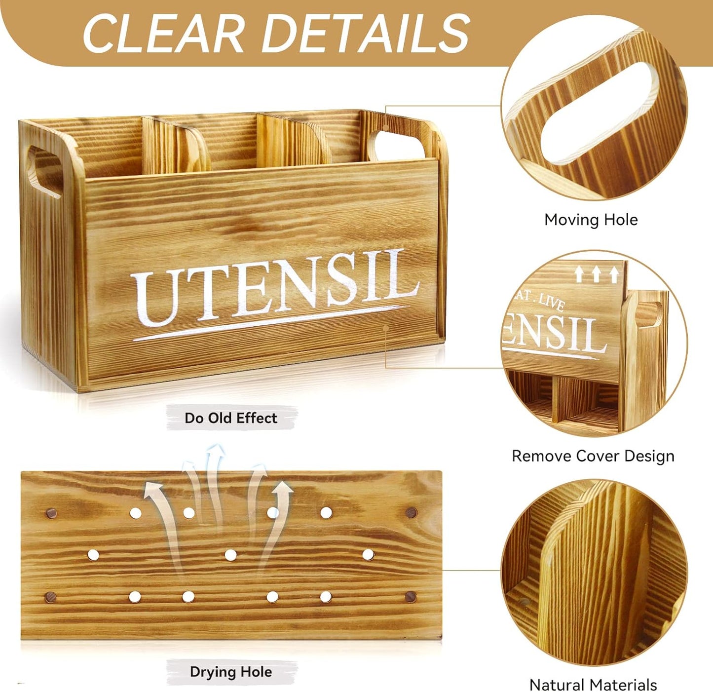 Kitchen Utensil Holder Rustic Large Wooden Utensil Organizer Cooking Tools Storage (Farmhouse Wooden)