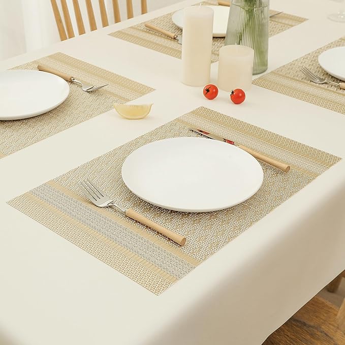 Leetaltree Stardust Yellow Placemats Set of 6 - Heat Resistant Non-Slip Place mats for Dining Table, Washable Durable PVC Vinyl Woven Table Mats（Stardust Yellow, 6）