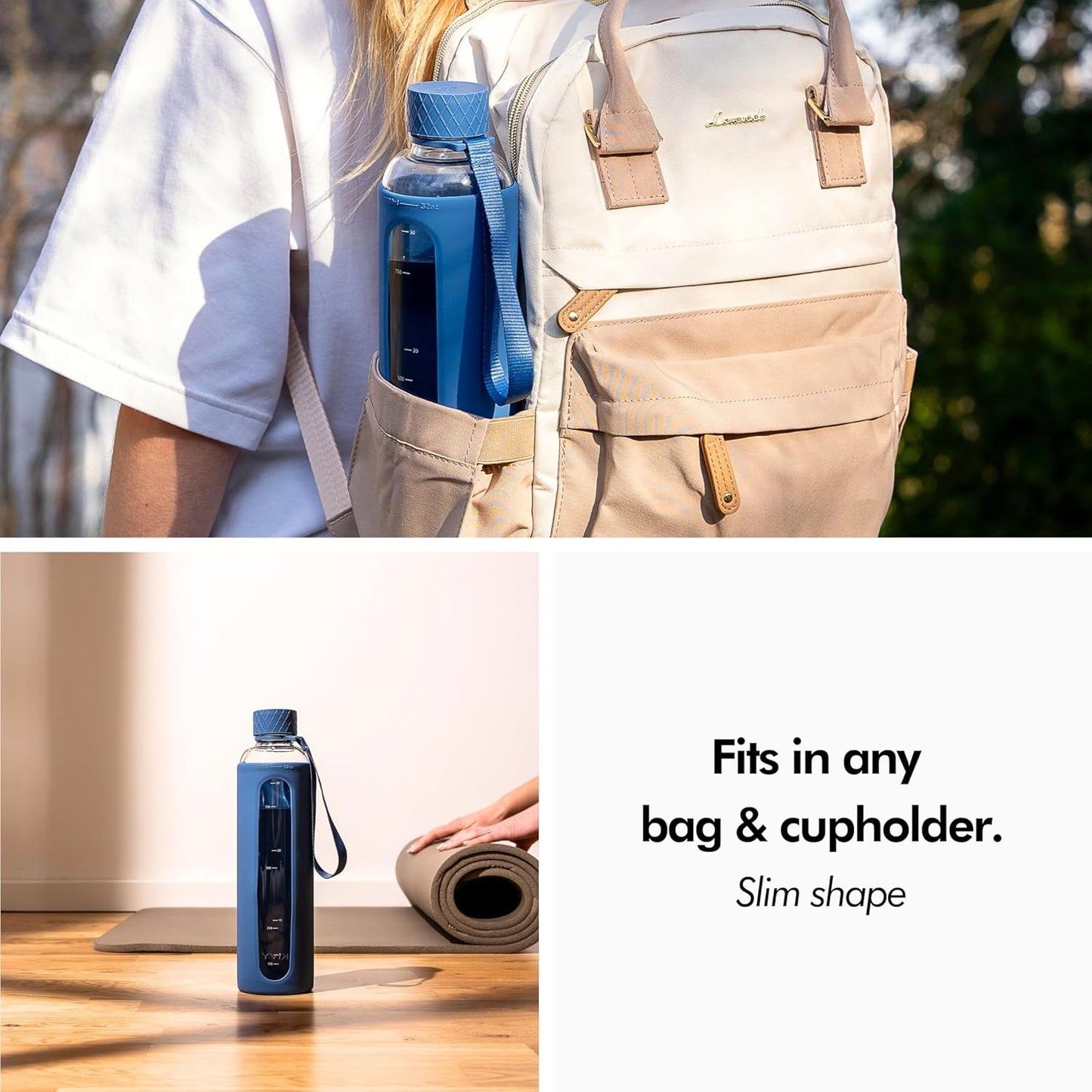 KIVY Glass Water Bottle with Silicone Sleeve 32 oz [WITH MEASUREMENT] - Borosilicate Glass Water Bottle Screw Top - Clear Bottles with Measurement Marking - Slim Waterbottle Aesthetic - Blue