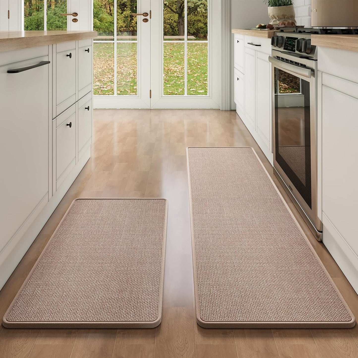 Kitchen Mat Set of 2 PCS Kitchen Mats for Floor, Linen-Look Woven Absorbent Kitchen Runner Rugs Non Slip Washable Comfort Standing Mats for Kitchen, Front of Sink
