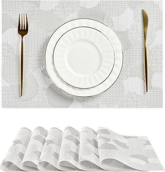 Leetaltree White Placemats Set of 6 - Heat Resistant Non-Slip Place mats for Dining Table, Washable Durable PVC Vinyl Woven Table Mats（White Circle, 6）