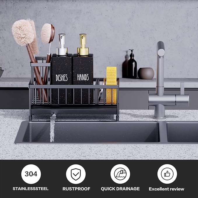 Cisily Kitchen Soap Dispenser Set with Sink Caddy, 12 Oz Glass Bottle, Hand and Dish Soap Dispenser Set with Sponge Holder (Black Sink Caddy + Black Bottle)