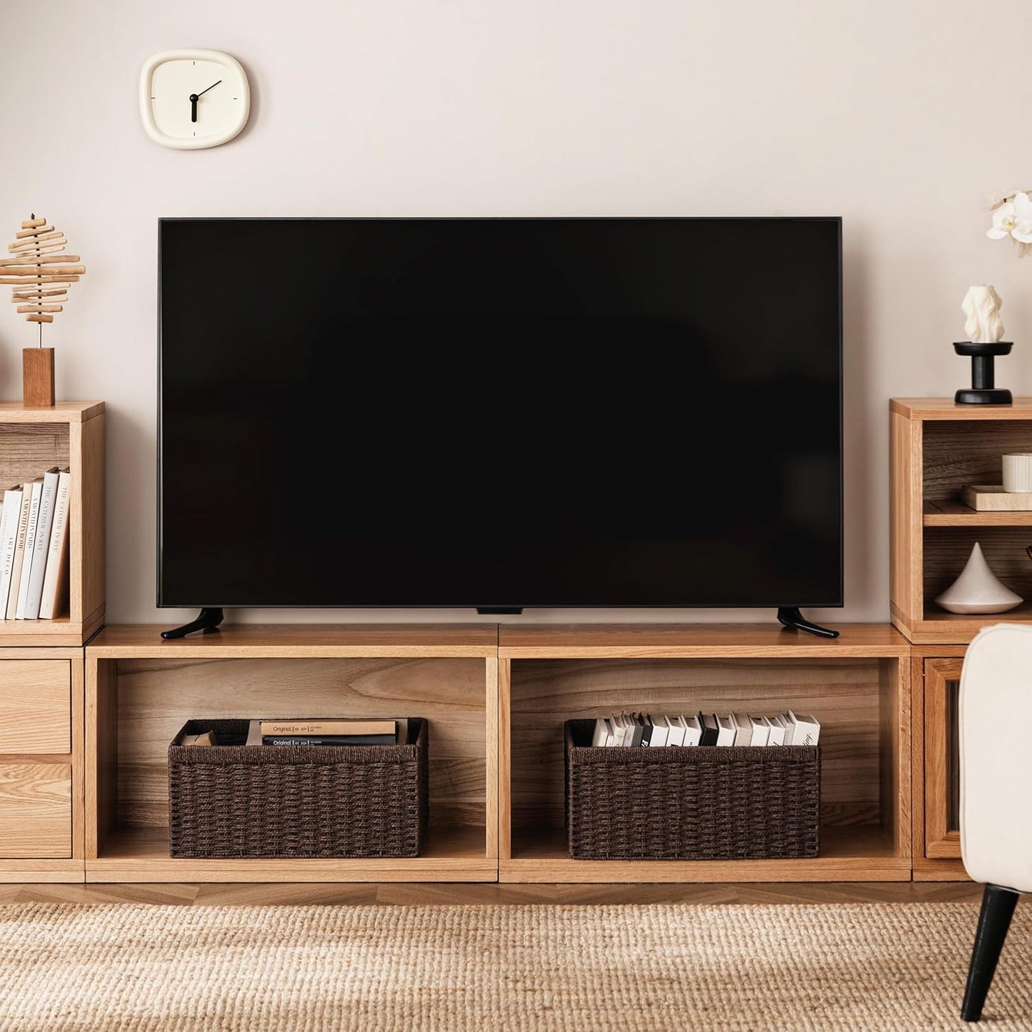 UBBCARE 4 Pack Wicker Basket, 13.4L×8.3H×7.1W inch Woven Paper Rope Storage Baskets for shelves, Foldable Rectangular Storage Baskets with Handle, Storage Basket for Organizing, Dark Brown