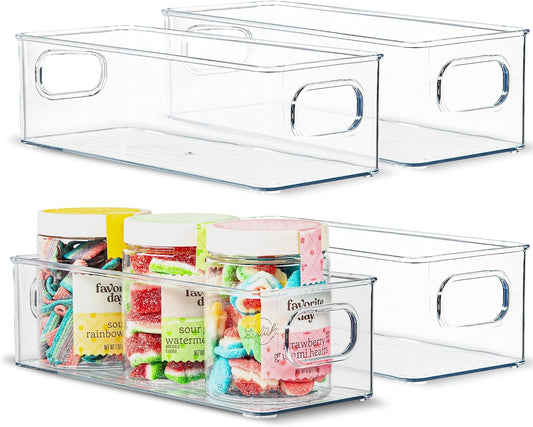 Plastic Food Storage 4 Pack Clear Container Bin with Handles for Organizing Kitchen, Pantry, Fridge, Freezer, Pantry,Bathroom. 10"x4"3"