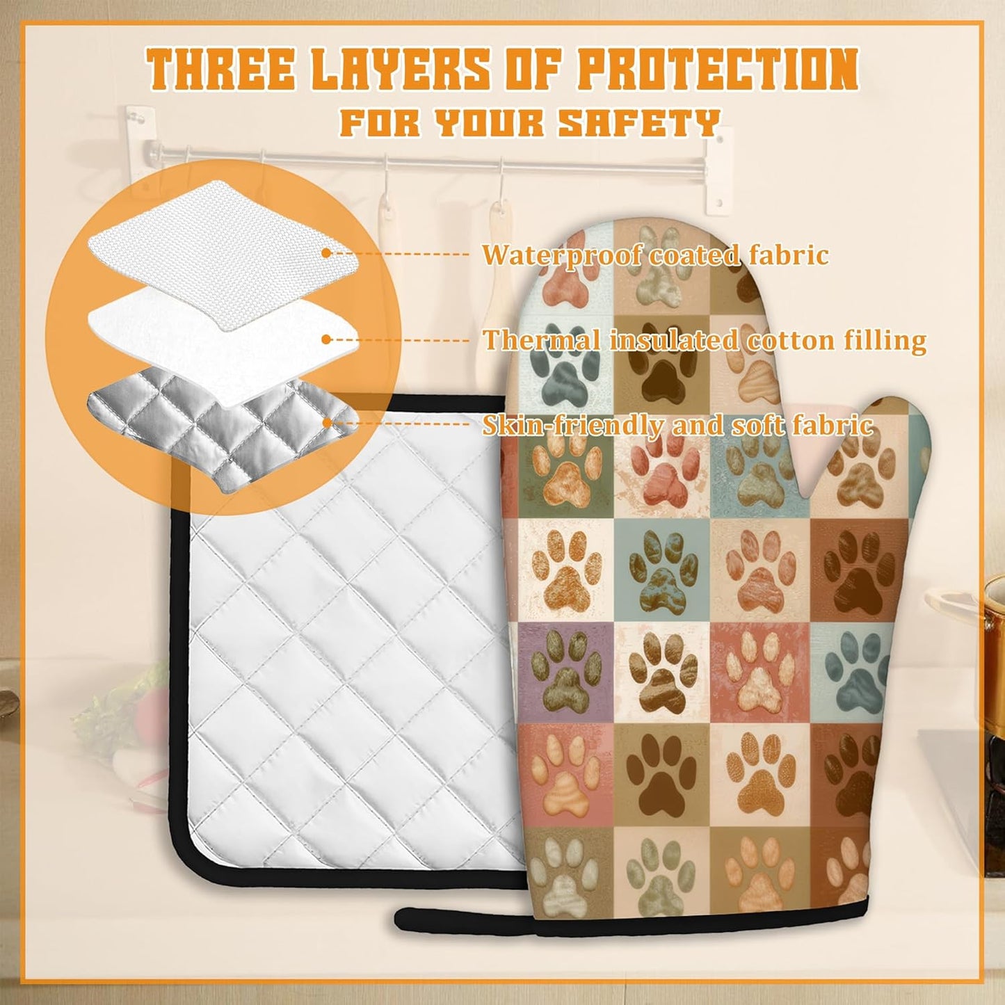 Vintage Dog Cat Paws Oven Mitts and Pot Holders Set,Kitchen Oven Gloves and Pot Holder with Heat Resistant Non Slip for Cooking Baking Grilling(4 Piece Set)