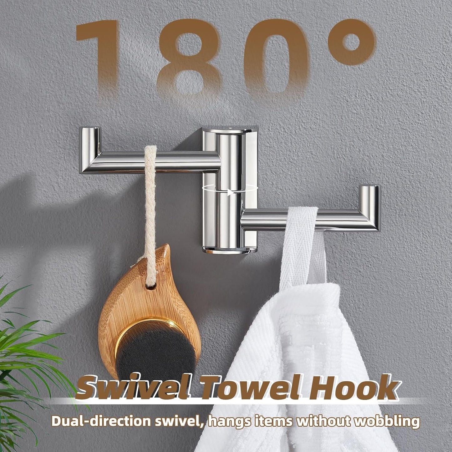 APLusee Double Swivel Towel Hook Wall Mounted, 304 Stainless Steel Folding Coat Hook with 2 Rotating Arms, Polished Chrome