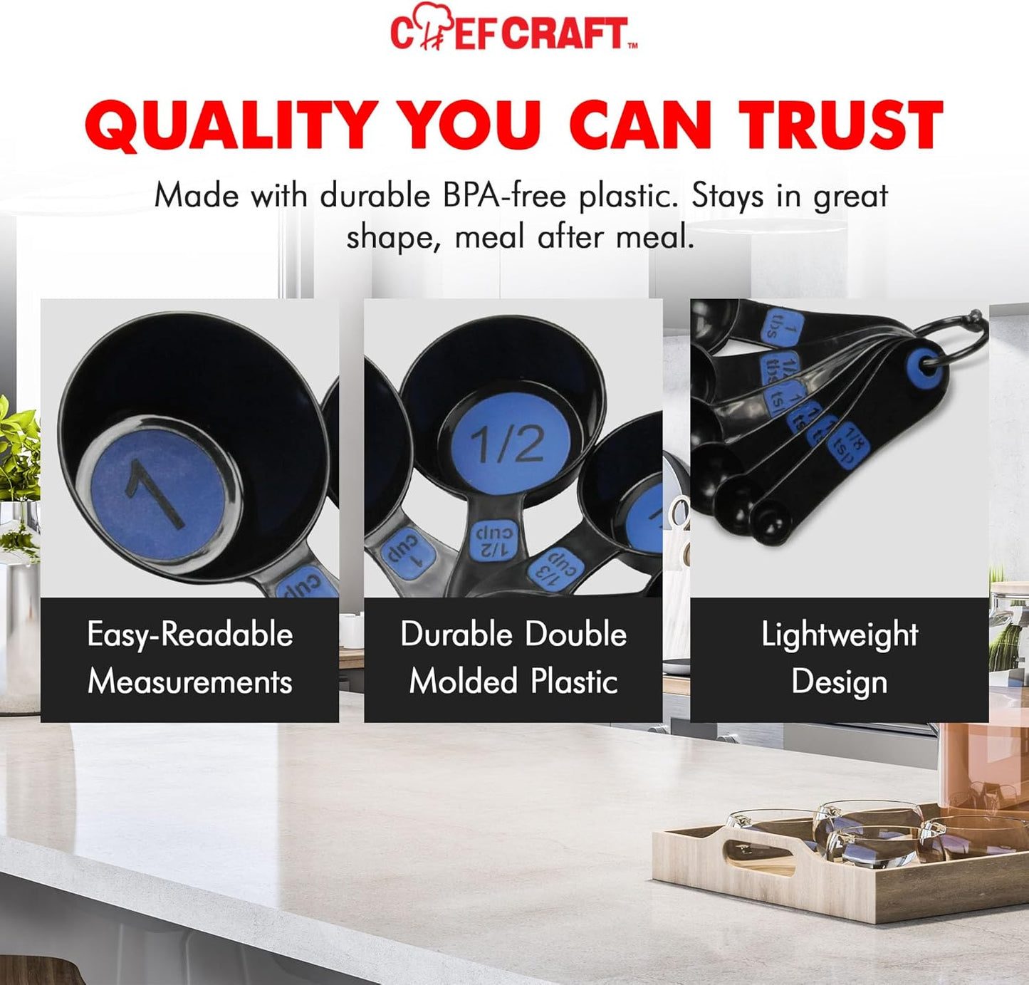 Chef Craft Easy to Read Plastic, Measuring Cup Set, 10 piece set, Blue