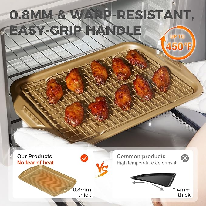 HONGBAKE 9-Piece Baking Pans Set with Wave Texture for Reduced Oil, 0.8mm Thick Bakeware Sets Non Stick, Includes Stackable Cookie Sheets for Oven Cooking, Cake Pan, Muffin Pan, Loaf Pan, Rack, Gold