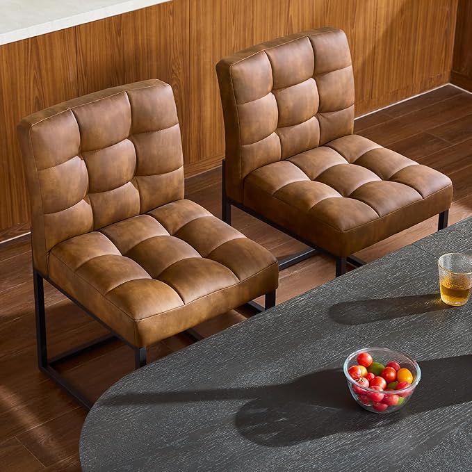 Coffee Faux Leather Dining Chairs Set of 4, Mid-Century Modern Dining Room Chairs with Armless, Checkered Kitchen Chair with Metal Legs