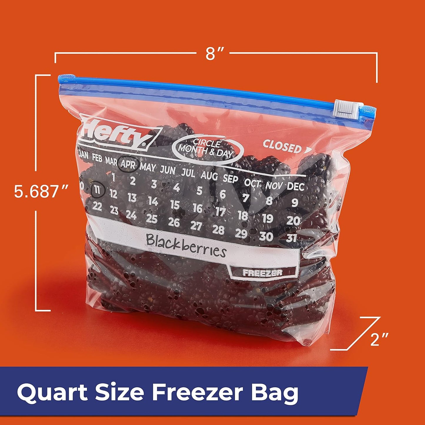 Hefty Calendar Slider Quart Freezer Bags, 1 Quart Slider Bags with Stand and Fill Expandable Bottoms, Helps Prevent Freezer Burn, 35 Count (Pack of 4)