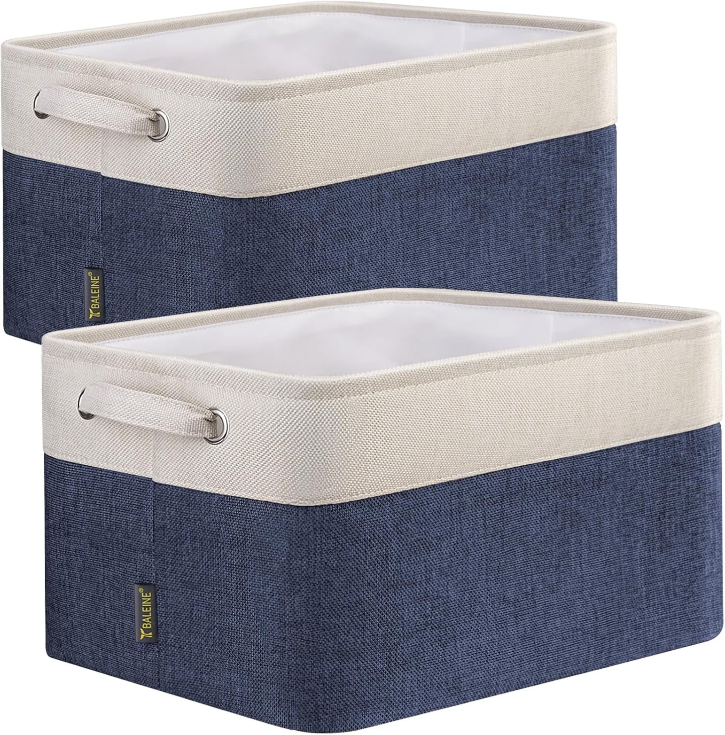 BALEINE 2 Pack Fabric Storage Bins for Shelves, Linen Storage Baskets for Organizing, Decorative Closet Bins for Clothes, Home (Navy Blue, 12"x8"x8")
