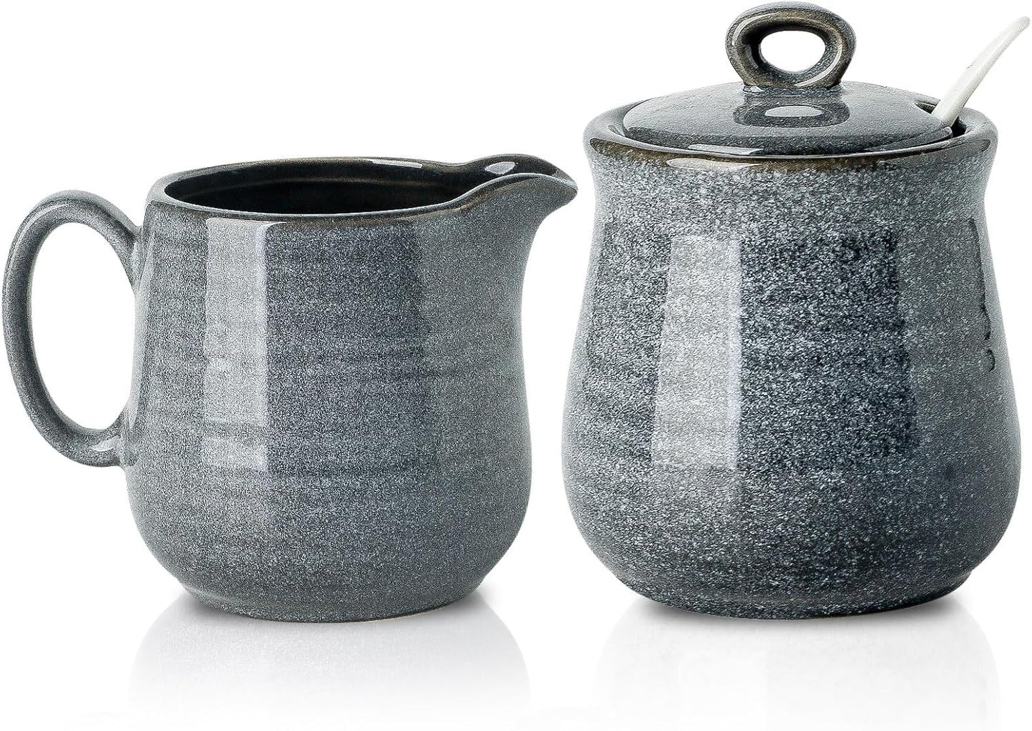 Hasense Porcelain Sugar and Creamer Set, 11 Oz Sugar Bowl with Lid and Spoon and 10 Oz Cream Pitcher, Farmhouse Coffee Sets for Serving, Dishwasher Safe, Grey