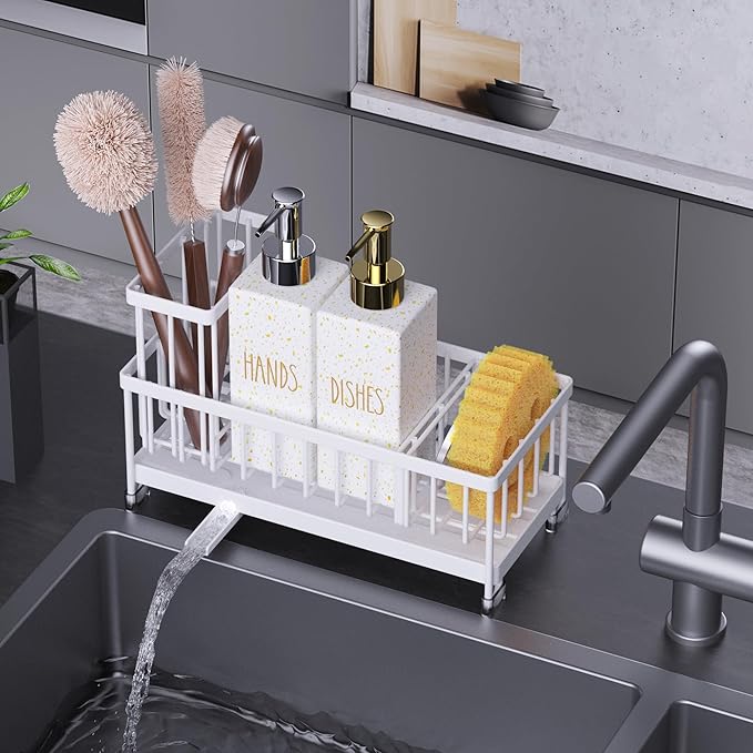 Cisily Dish Soap Dispenser, 12 fl oz Dual Kitchen Soap Dispensers with Sponge Holder, Pump Glass Bottle Kitchen Soap Dispenser Set, Modern Hand and Dish Soap Bottle Set Removable