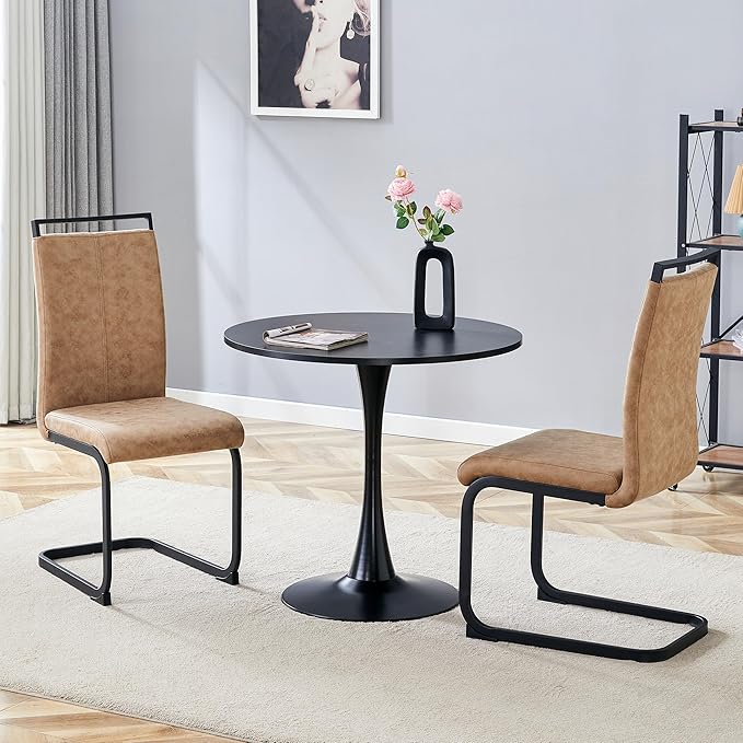 32" Round Dining Table Set for 2, Indoor Bistro Table and Chairs Set of 2, Breakfast Table Set with Leather Upholstered Chairs, Ideal for Apartment,Kitchen, Office, Save Space(Black)
