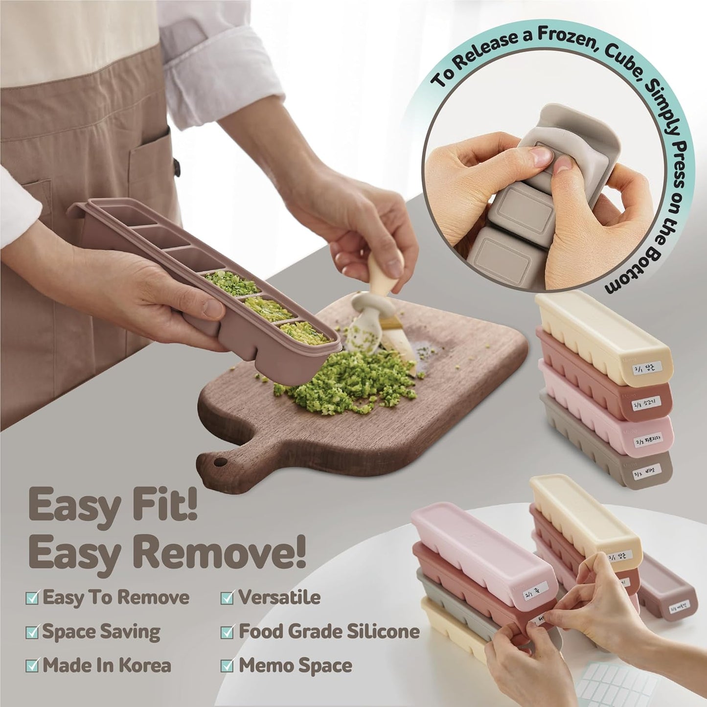 Silicone Freezer Trays with Lid, 0.7oz 12 Section-Leak Proof Silicone Freezer molds for Homemade Baby Food Breastmilk, Purees, Vegetables, Fruit, Baby Food Jars Ice Tray with Lid BPA Free Beige