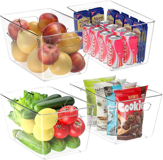 BALEINE Clear Plastic Storage Bins, Pantry Organization, BPA Free Stackable Refrigerator Organizers and Storage with Handles for Kitchen Fridge Cabinet Bathroom (4PK, 13x7.4x6.2)