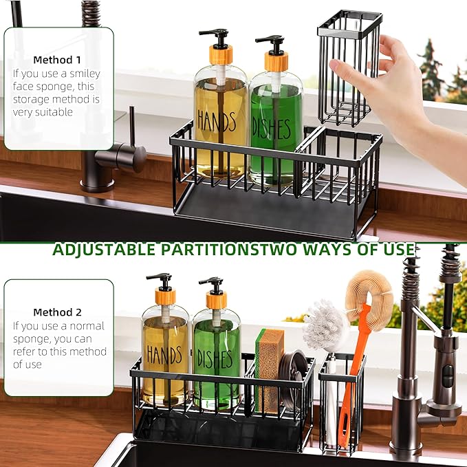 Cisily Kitchen Dish Soap Dispenser Set with Black Sponge Holder and 2 Pack 16.9oz Clear Glass, Dish Soap Dispensers for Hitchen Sink, Vintage Hand and Dish Soap Dispensers Set