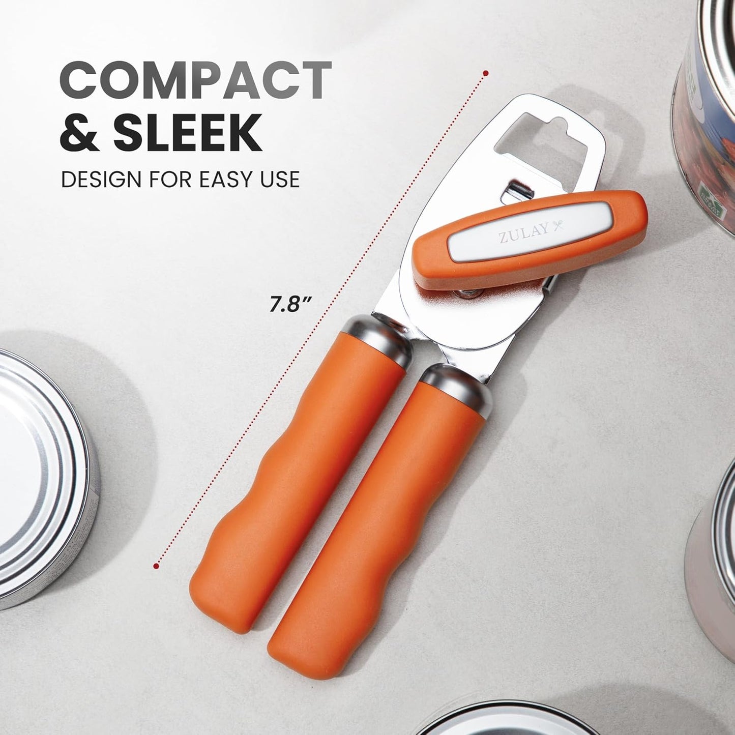Zulay Kitchen Heavy Duty Stainless Steel Can Opener Manual with Bottle Opener - Rust Proof Manual Can Opener With Turn Knob & Comfy Soft Grip Handles - Orange
