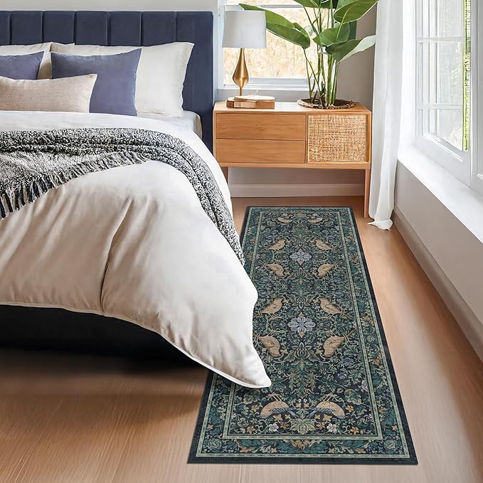 Boho Vintage 2'6"x8' 8ft Hallyway Long Runner Rug - Non Slip Washable Front Door Rug Indoor Entrance, Kitchen, Bathroom, Low Pile & Soft Woodland Floral Kitchen Floor Mats